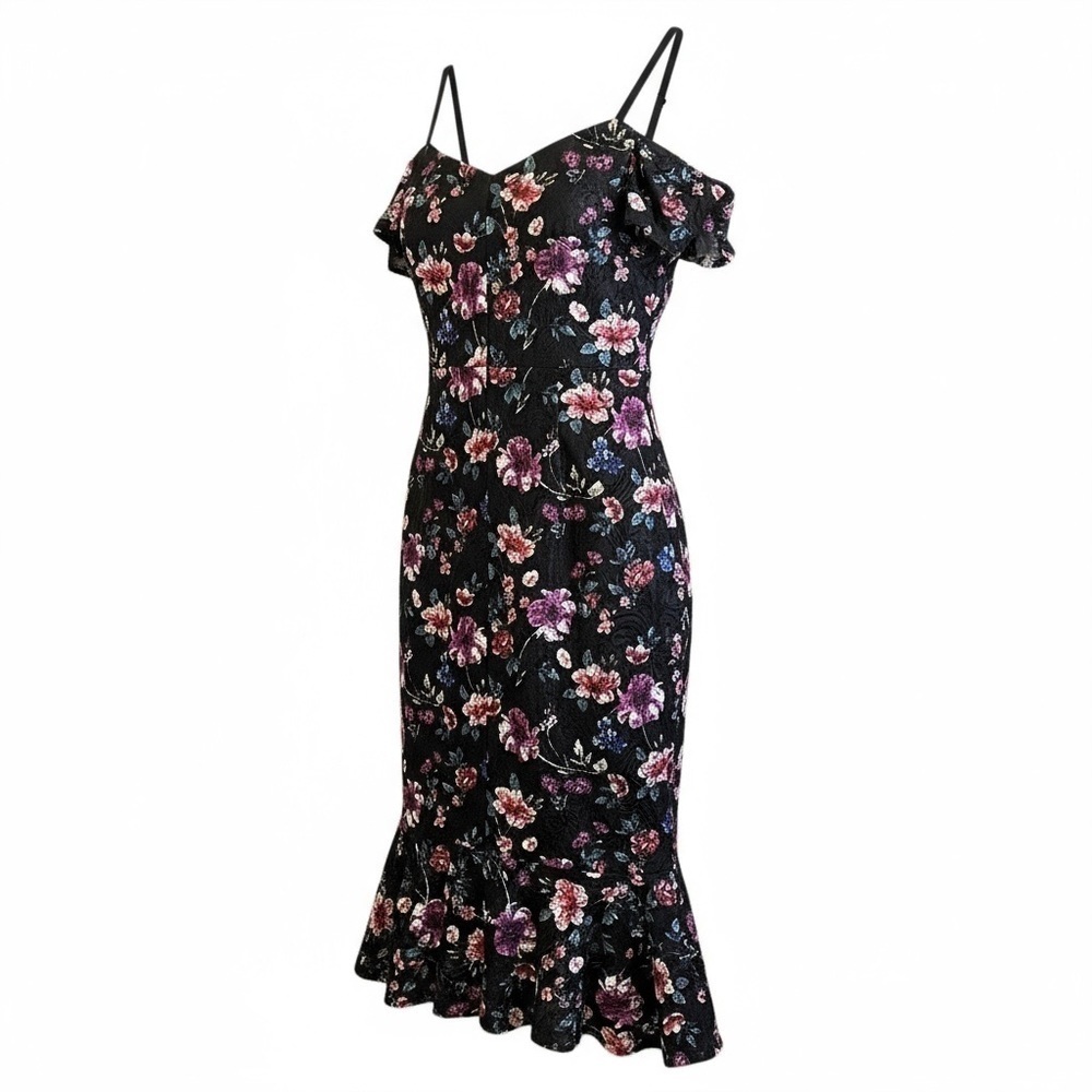 Siena Black Floral Lace Off Shoulder Flounce Hem Sheath Midi Off Shoulder Dress